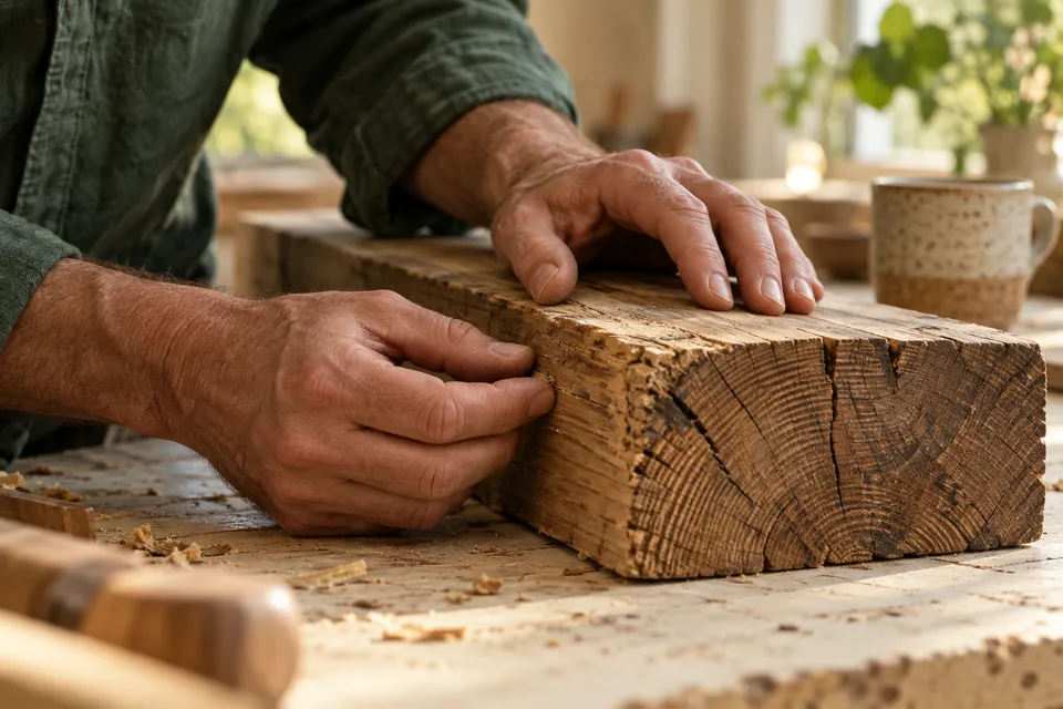 Hands examining a timber sample on a workshop bench