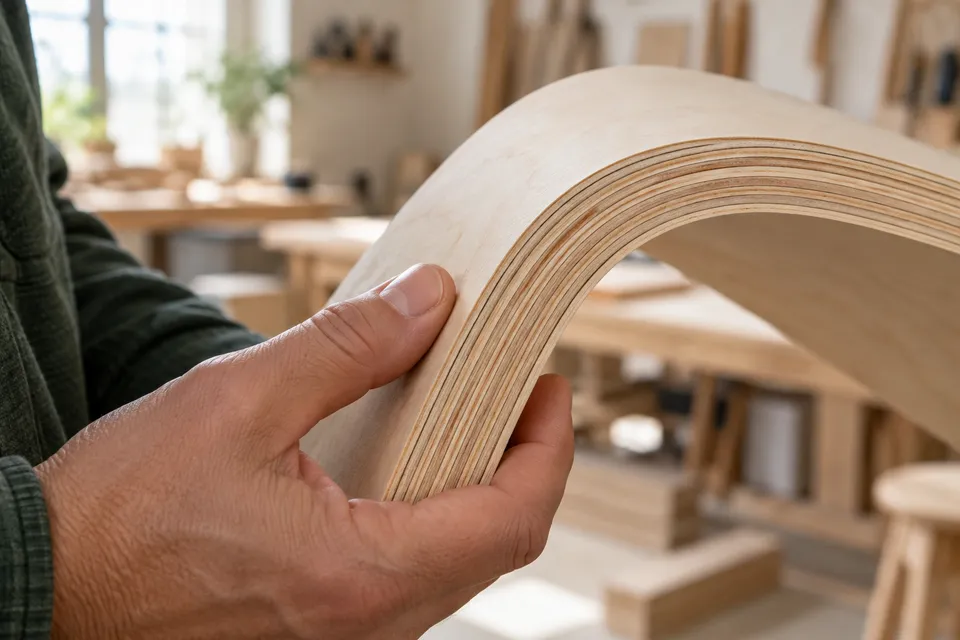 A hand inspecting the edge of layered timber