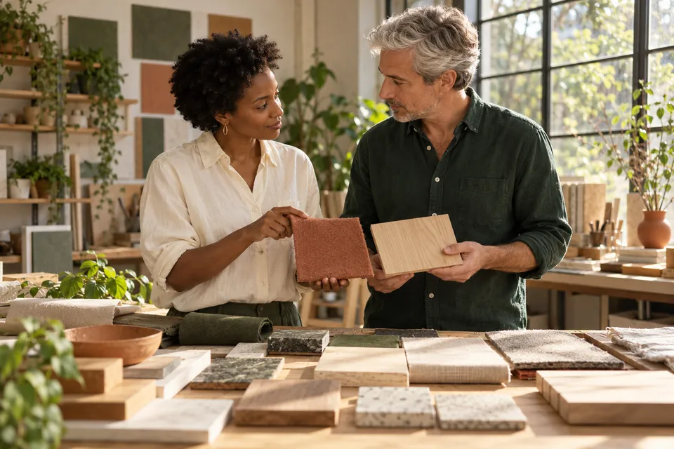 Adults discussing colour and tactile material samples