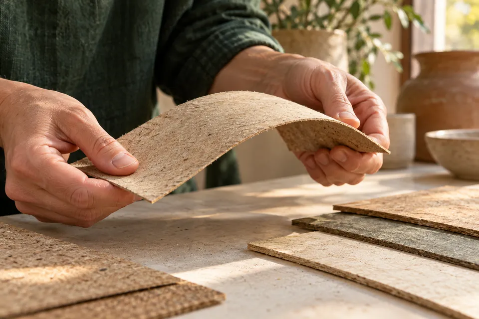 Hands testing the gentle flex of a fibre board sample